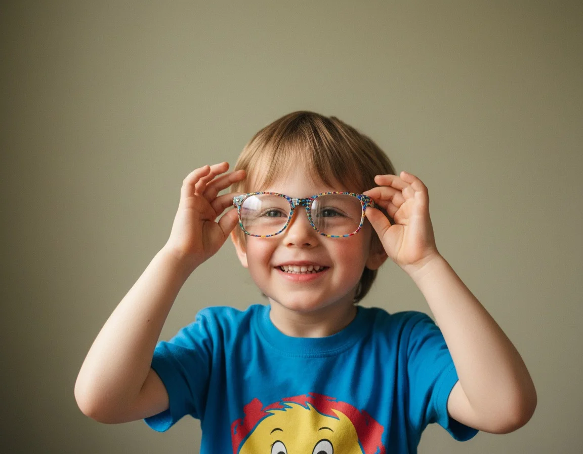 Lächelndes Kind probiert bunte Brille an