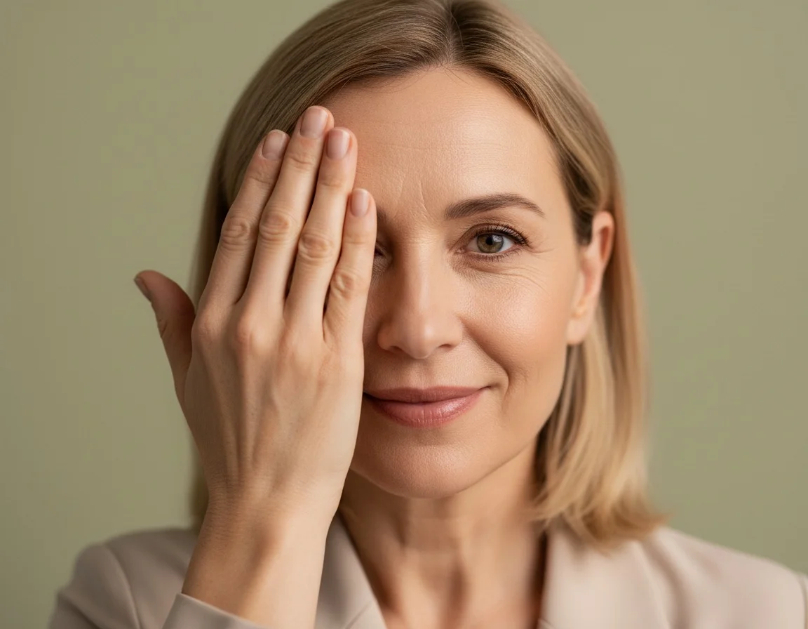 Frau beim Sehtest deckt ein Auge ab