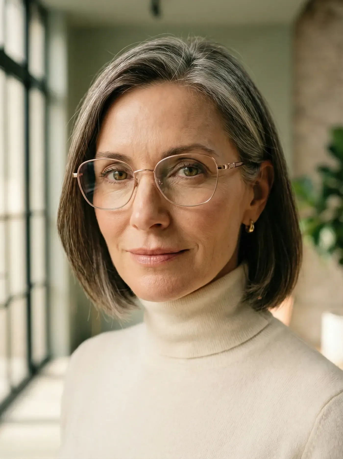 Elegante Frau mit Gleitsichtbrille in Rose-Gold bei Jägers & Klingenhäger Wassenberg