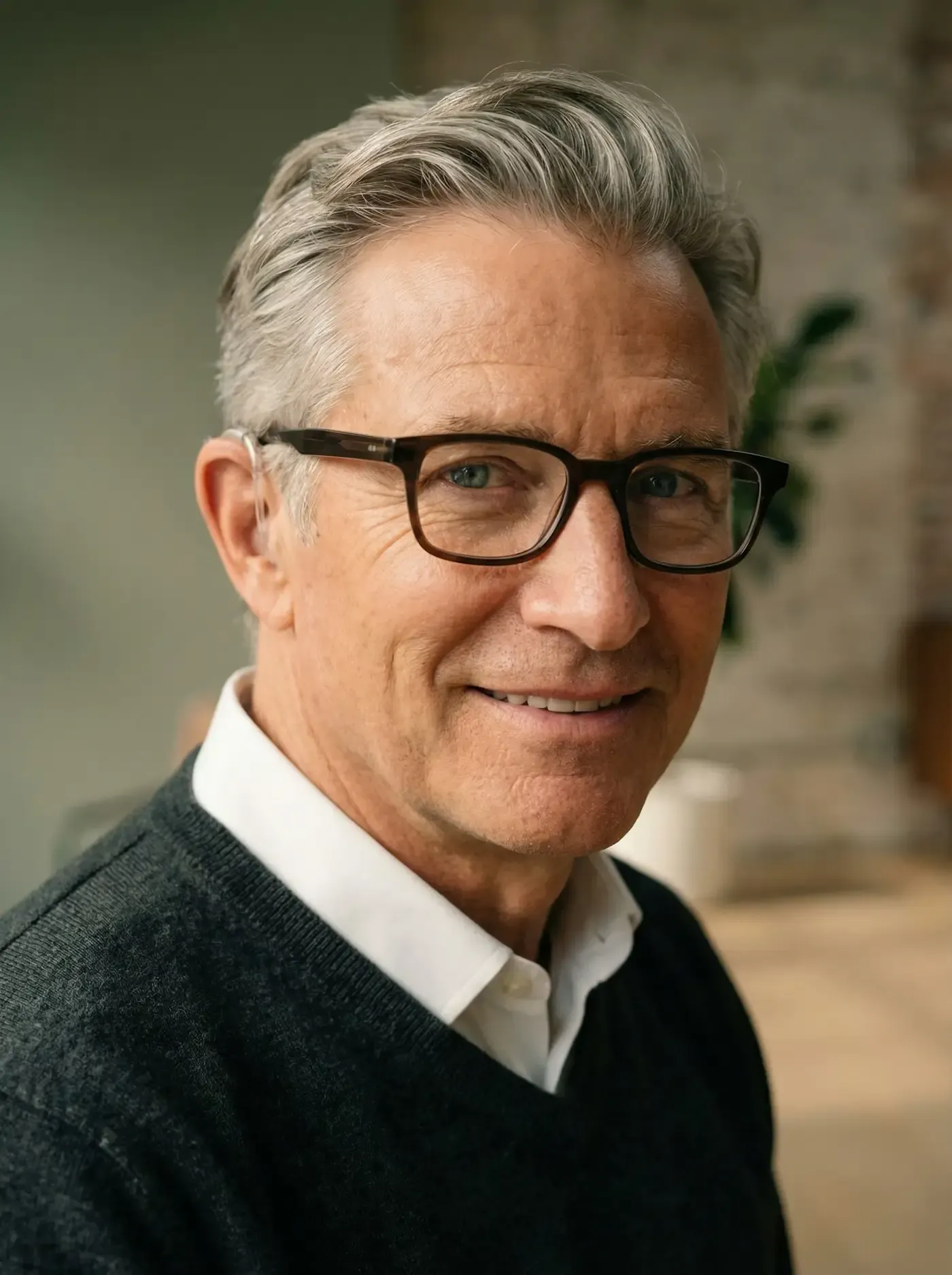 Distinguierter Mann mit Brille und modernem Hörgerät bei Jägers & Klingenhäger Wassenberg